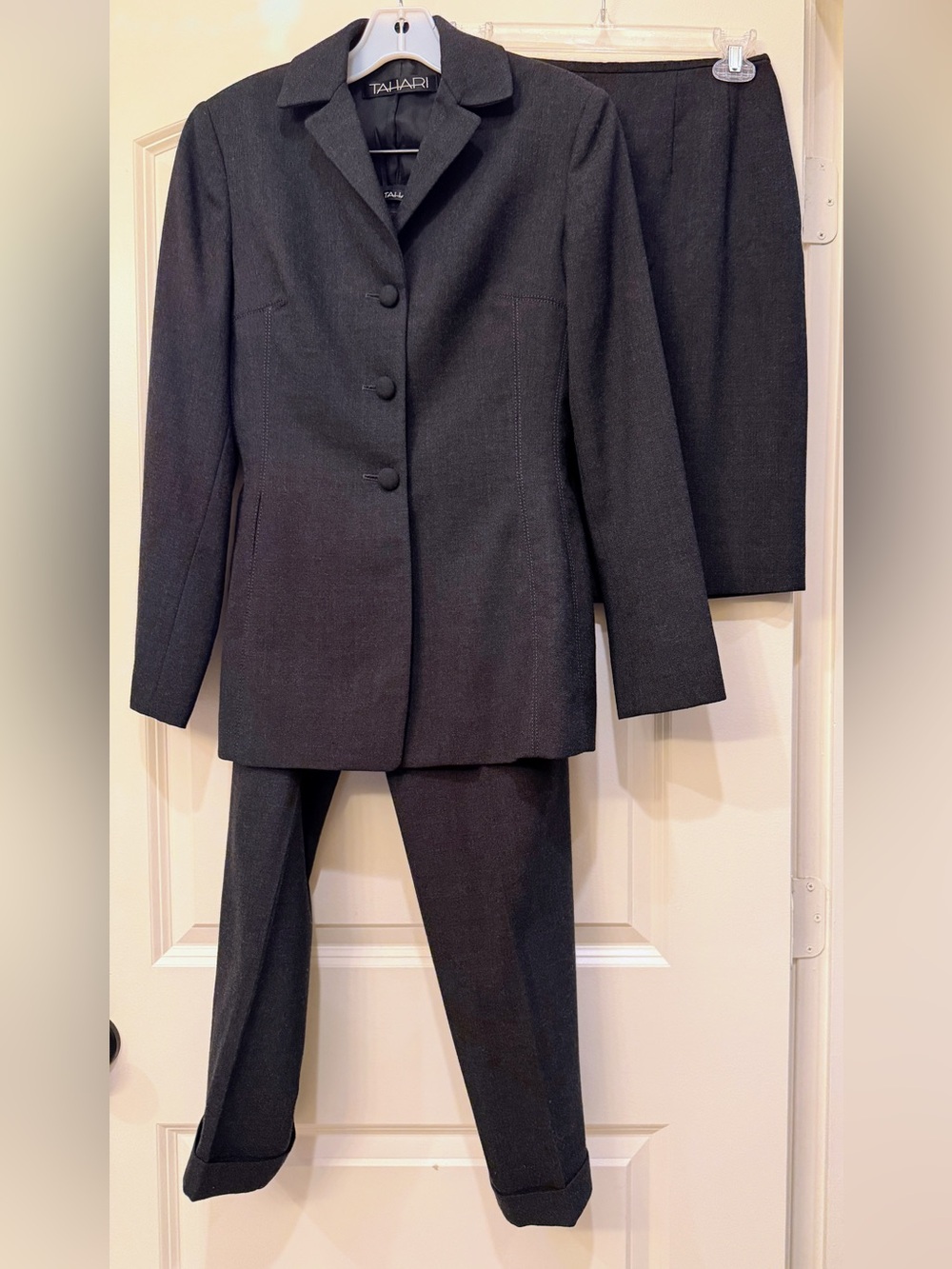 VTG Tahari 3-Piece Wool Suit Set - Blazer, Pants, Skirt Charcoal Gray Size 4